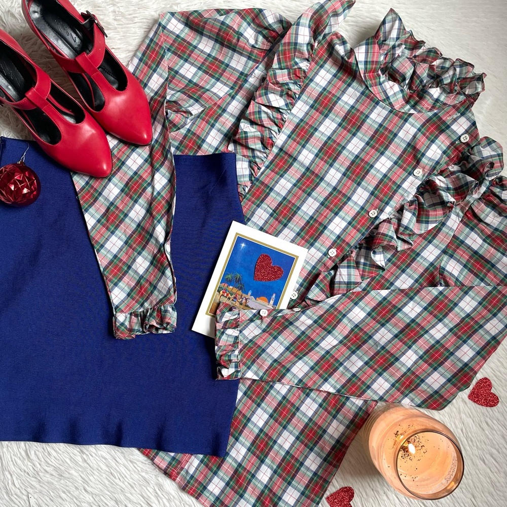 Vintage 80s high neck ruffle plaid button front shirt - Picture 4 of 13